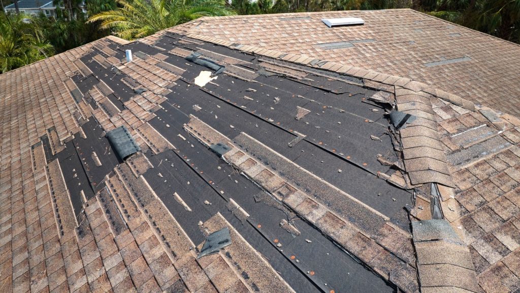 Damaged roof shingles in Columbus.